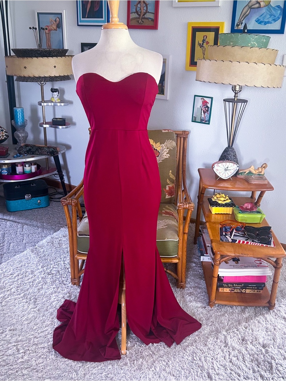 Retro Dress | 1940s Style | Mermaid Gown | Strapless | Burgundy Wine | 50s | M